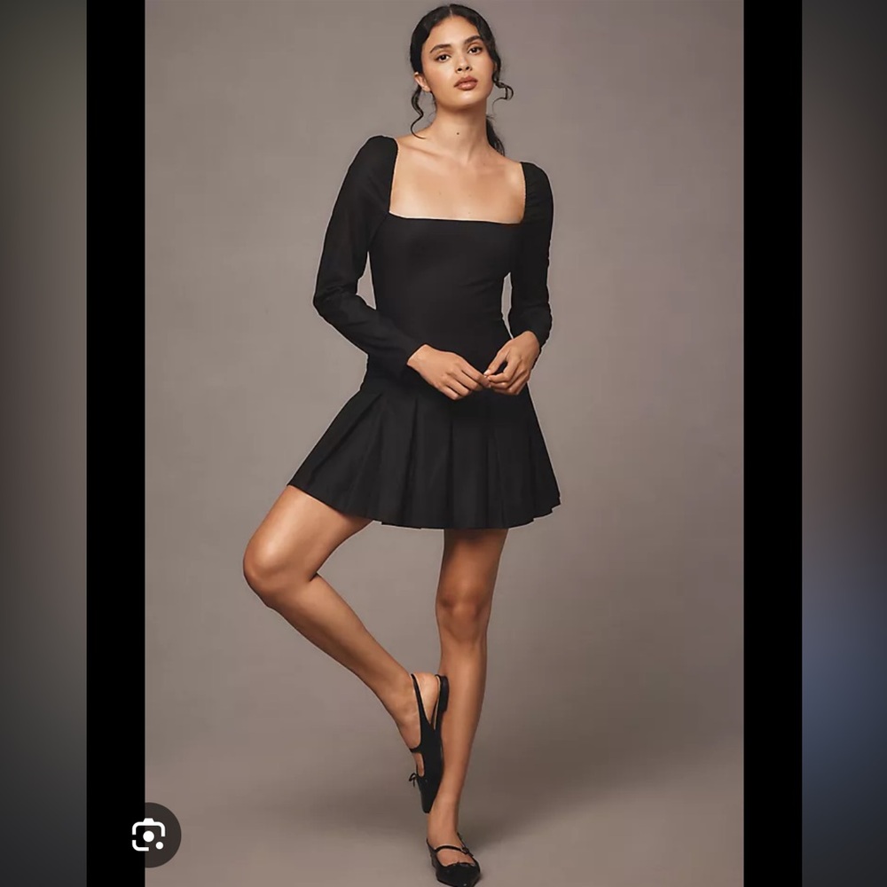 Reformation Black Square-Neck Long-Sleeve Mini Dress with tulle lining 0